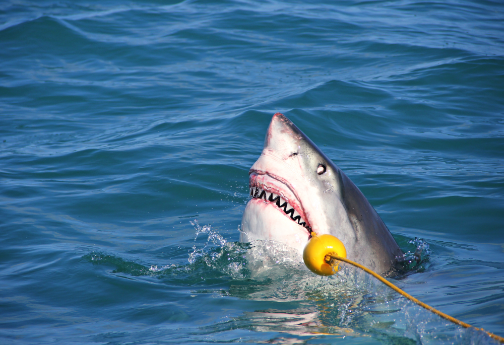 a great white sticks its head above the water to bite onto a rope, its gums are showing and its eyes are rolled back so they look white a great white sticks its head above the water to bite onto a rope, its gums are showing and its eyes are rolled back so they look white